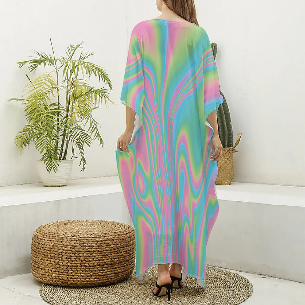 Rainbow Holographic Print Silk V-Neck Kaftan Dress