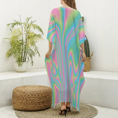 Rainbow Holographic Print Silk V-Neck Kaftan Dress
