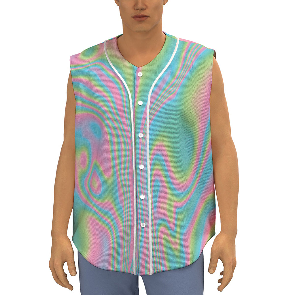 Rainbow Holographic Print Sleeveless Baseball Jersey