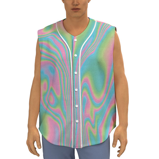 Rainbow Holographic Print Sleeveless Baseball Jersey