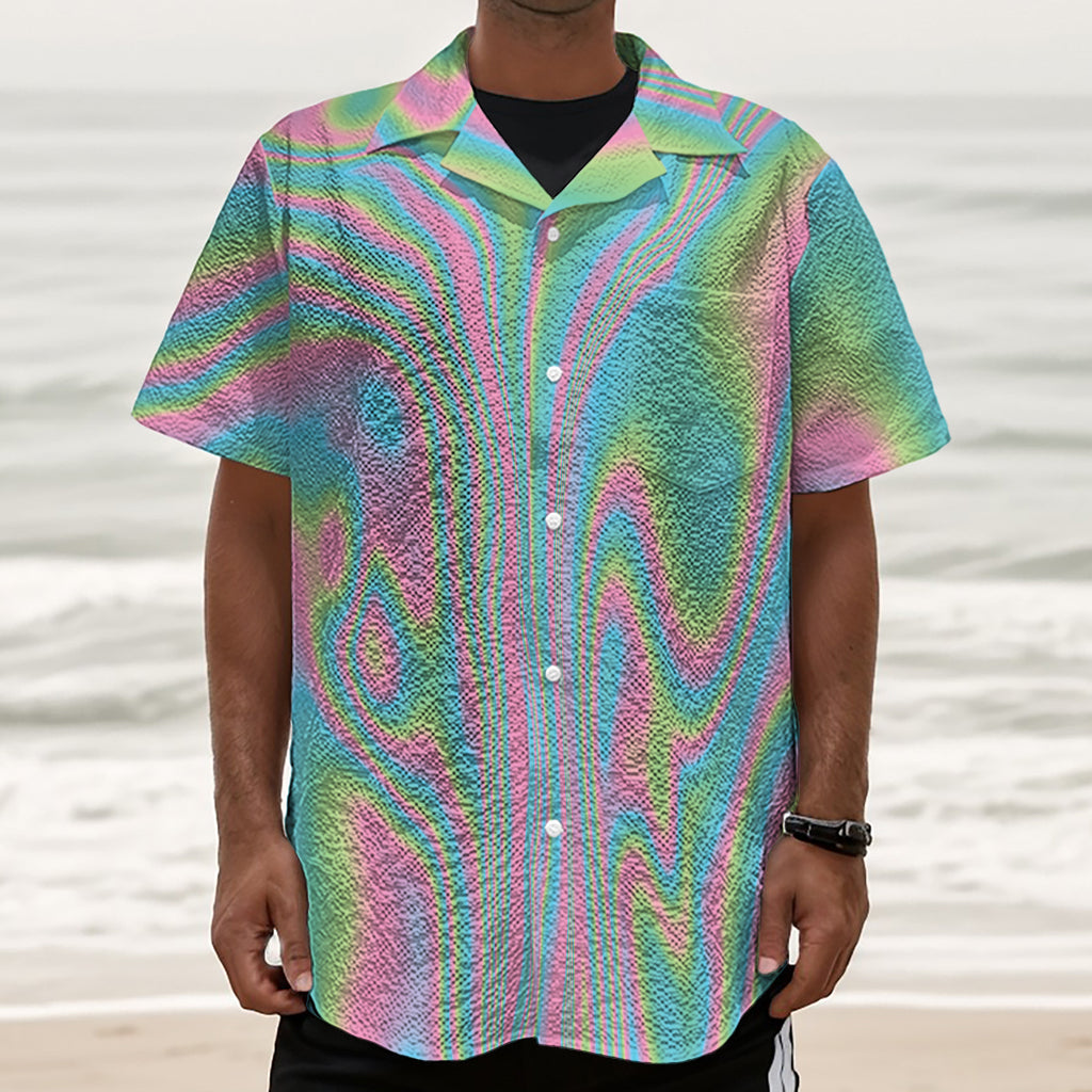Rainbow Holographic Print Textured Short Sleeve Shirt