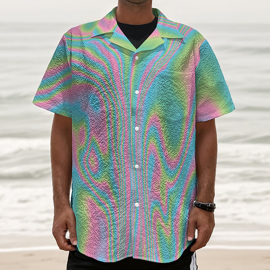 Rainbow Holographic Print Textured Short Sleeve Shirt