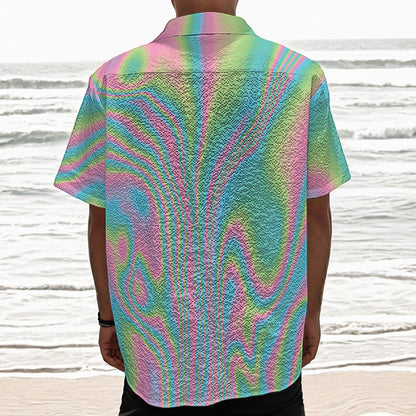 Rainbow Holographic Print Textured Short Sleeve Shirt