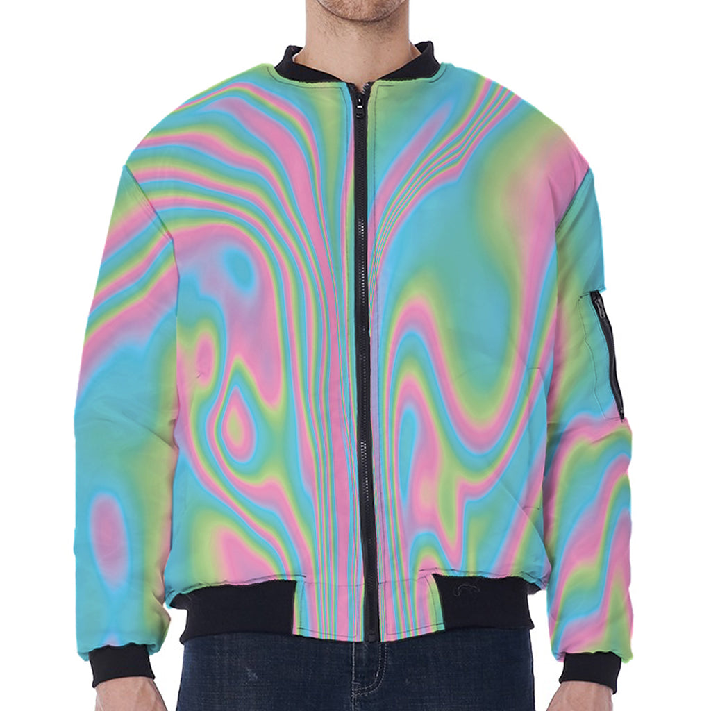 Rainbow Holographic Print Zip Sleeve Bomber Jacket