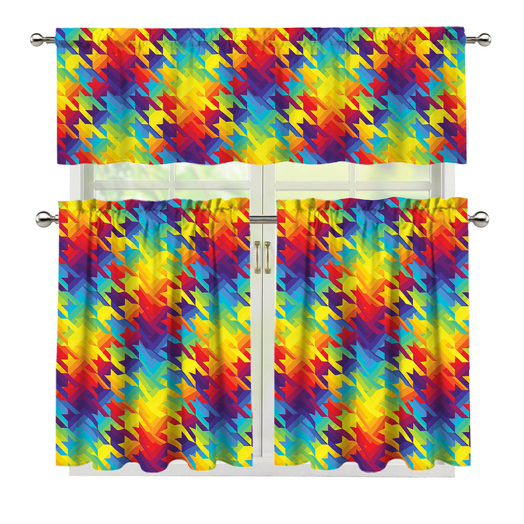 Rainbow Houndstooth Pattern Print 3 Piece Kitchen Curtains