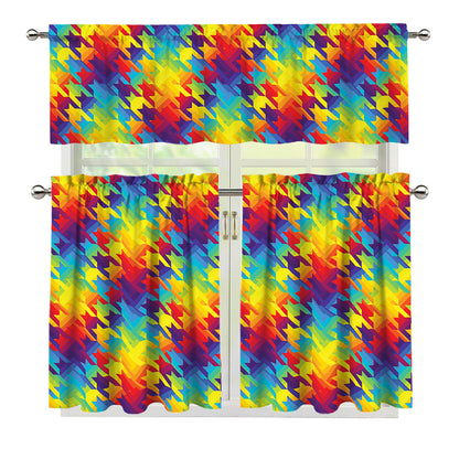 Rainbow Houndstooth Pattern Print 3 Piece Kitchen Curtains