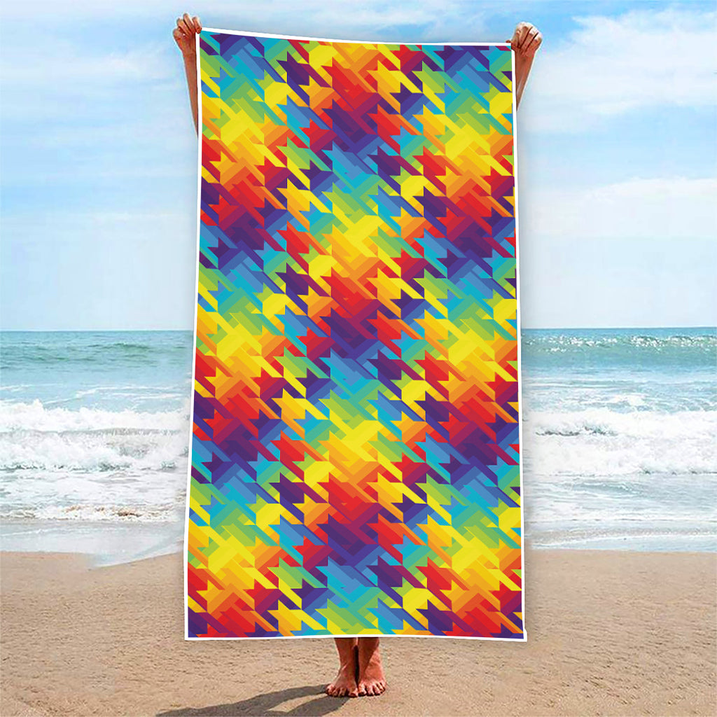 Rainbow Houndstooth Pattern Print Beach Towel