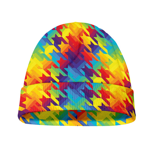 Rainbow Houndstooth Pattern Print Beanie