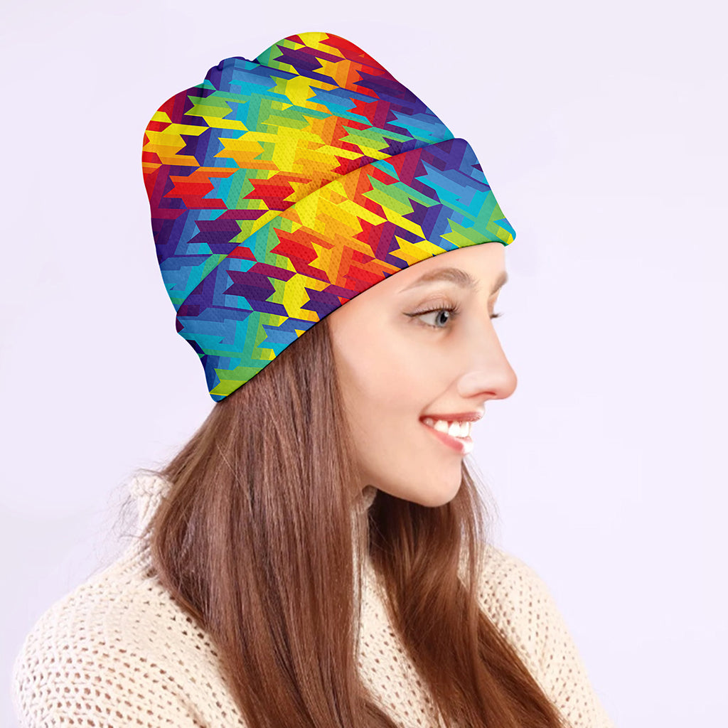 Rainbow Houndstooth Pattern Print Beanie