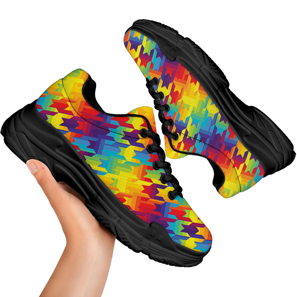 Rainbow Houndstooth Pattern Print Black Chunky Shoes