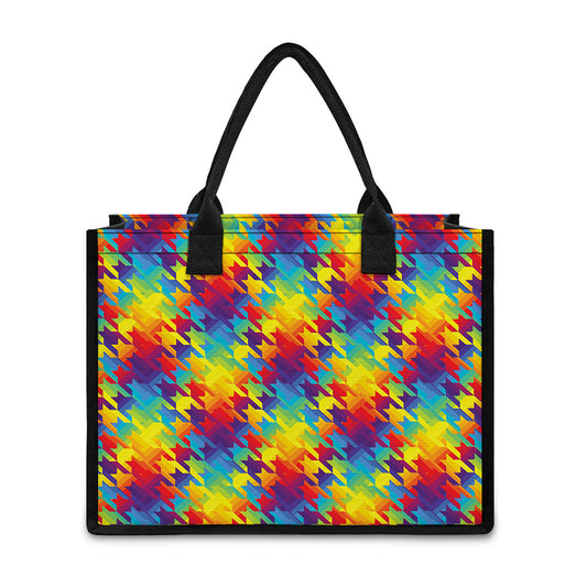 Rainbow Houndstooth Pattern Print Canvas Tote Bag