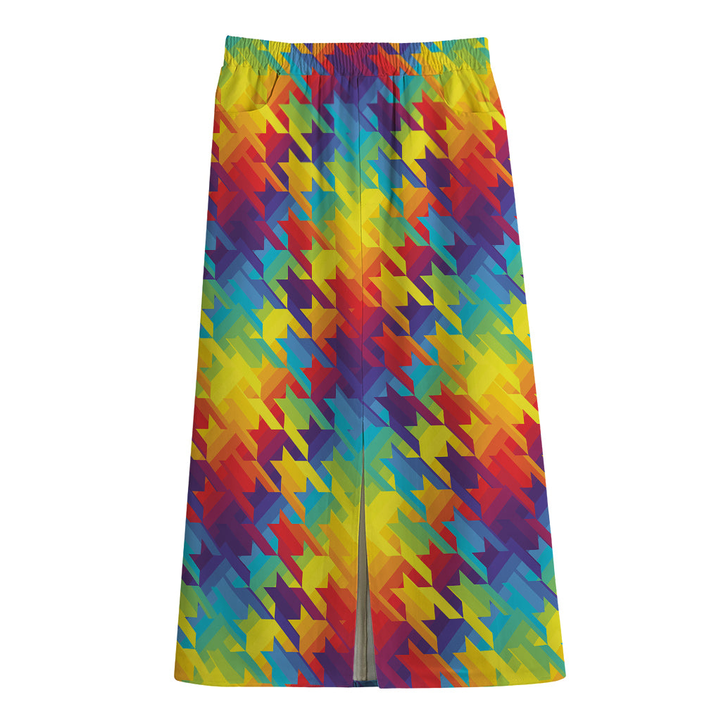 Rainbow Houndstooth Pattern Print Cotton Front Slit Maxi Skirt