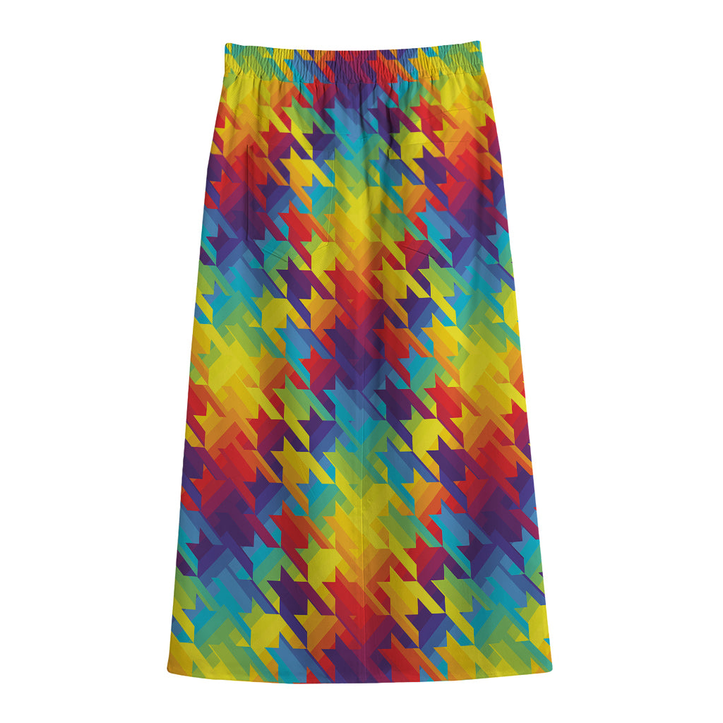 Rainbow Houndstooth Pattern Print Cotton Front Slit Maxi Skirt