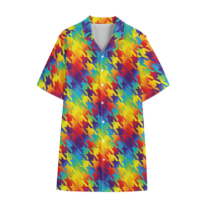 Rainbow Houndstooth Pattern Print Cotton Hawaiian Shirt