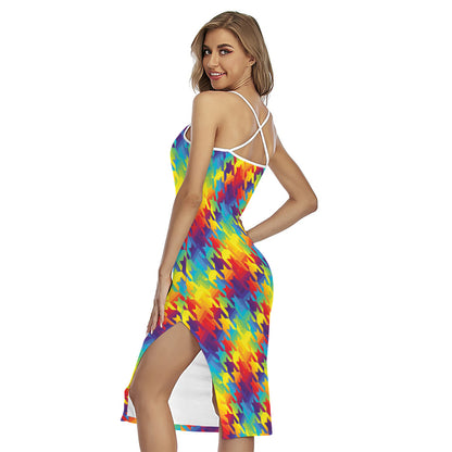Rainbow Houndstooth Pattern Print Cross Back Cami Dress