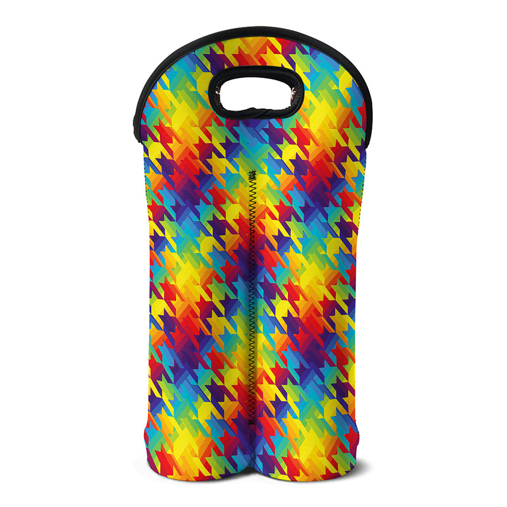 Rainbow Houndstooth Pattern Print Double Neoprene Wine Tote