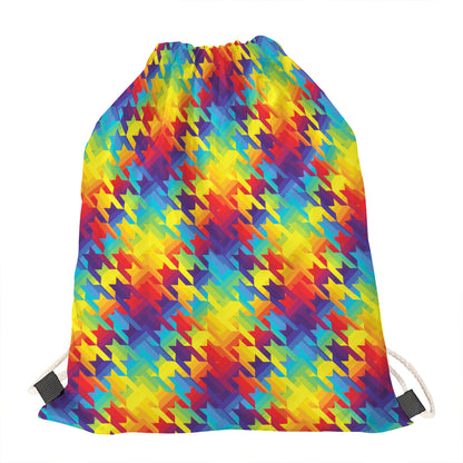 Rainbow Houndstooth Pattern Print Drawstring Bag