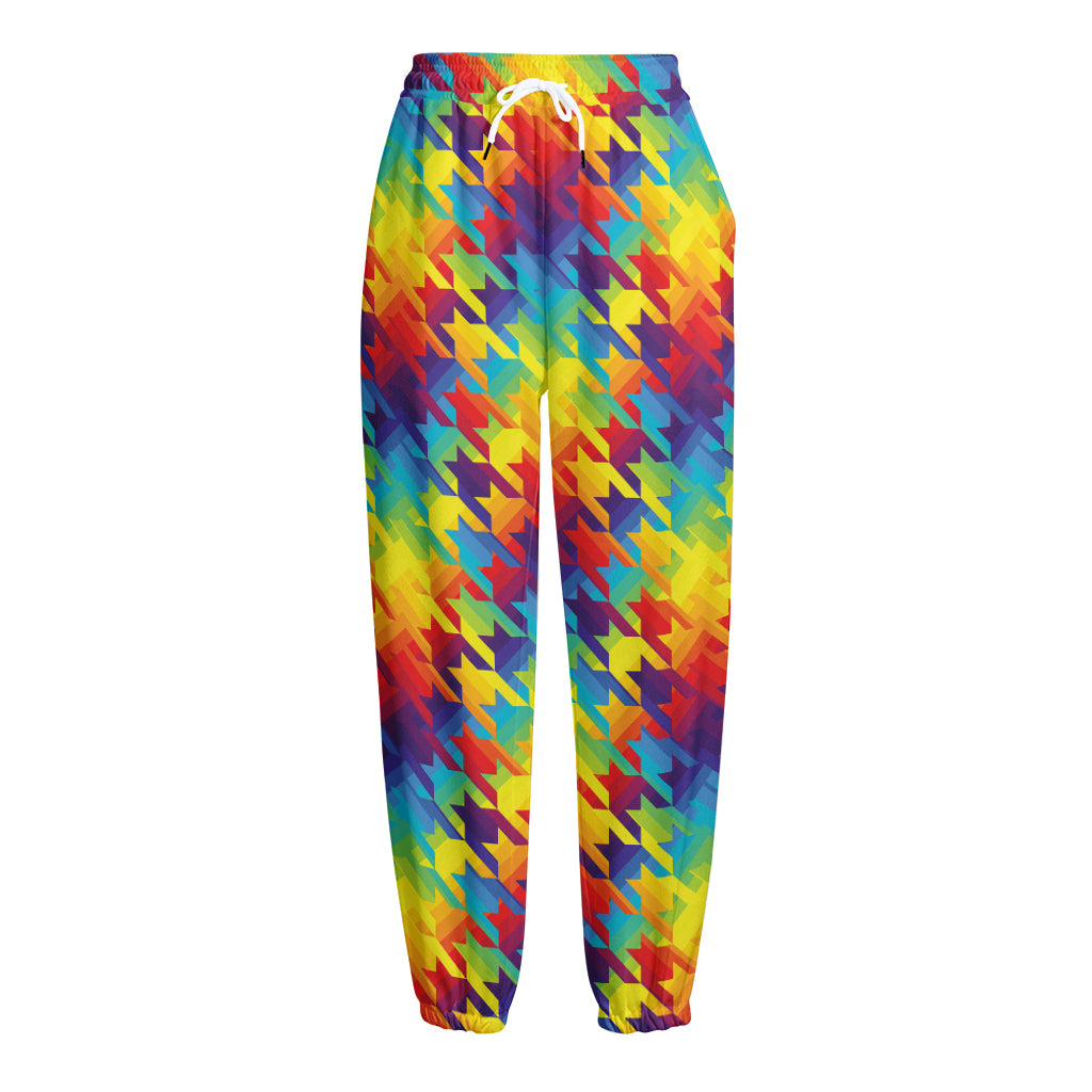 Rainbow Houndstooth Pattern Print Fleece Lined Knit Pants