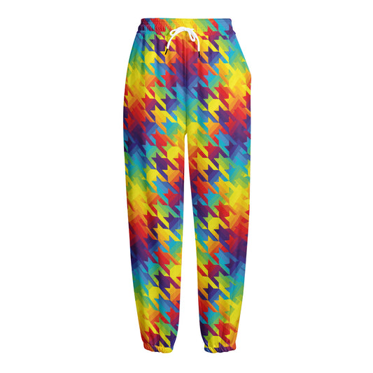 Rainbow Houndstooth Pattern Print Fleece Lined Knit Pants