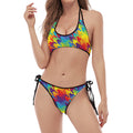 Rainbow Houndstooth Pattern Print Halter Scoop Tie Side Bikini