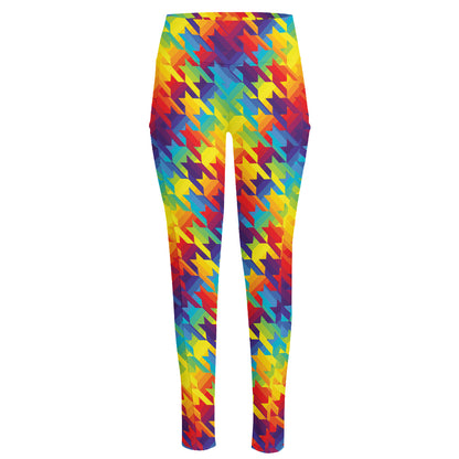 Rainbow Houndstooth Pattern Print High-Waisted Pocket Leggings