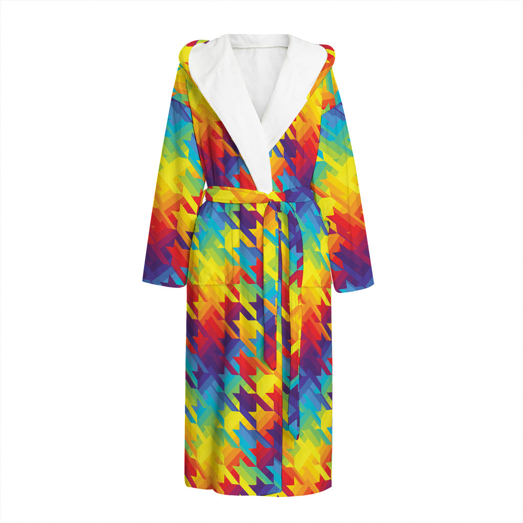 Rainbow Houndstooth Pattern Print Hooded Bathrobe