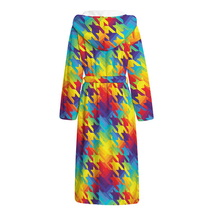 Rainbow Houndstooth Pattern Print Hooded Bathrobe