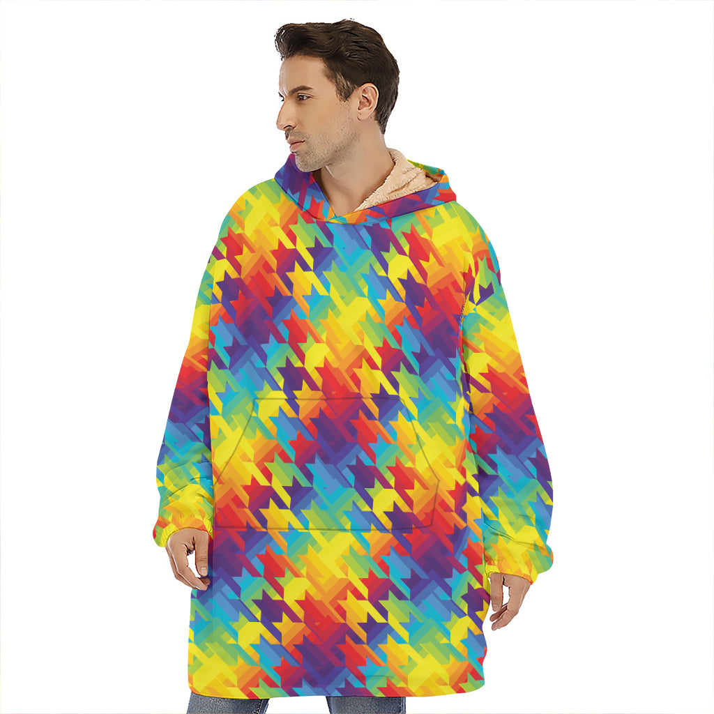 Rainbow Houndstooth Pattern Print Hoodie Blanket