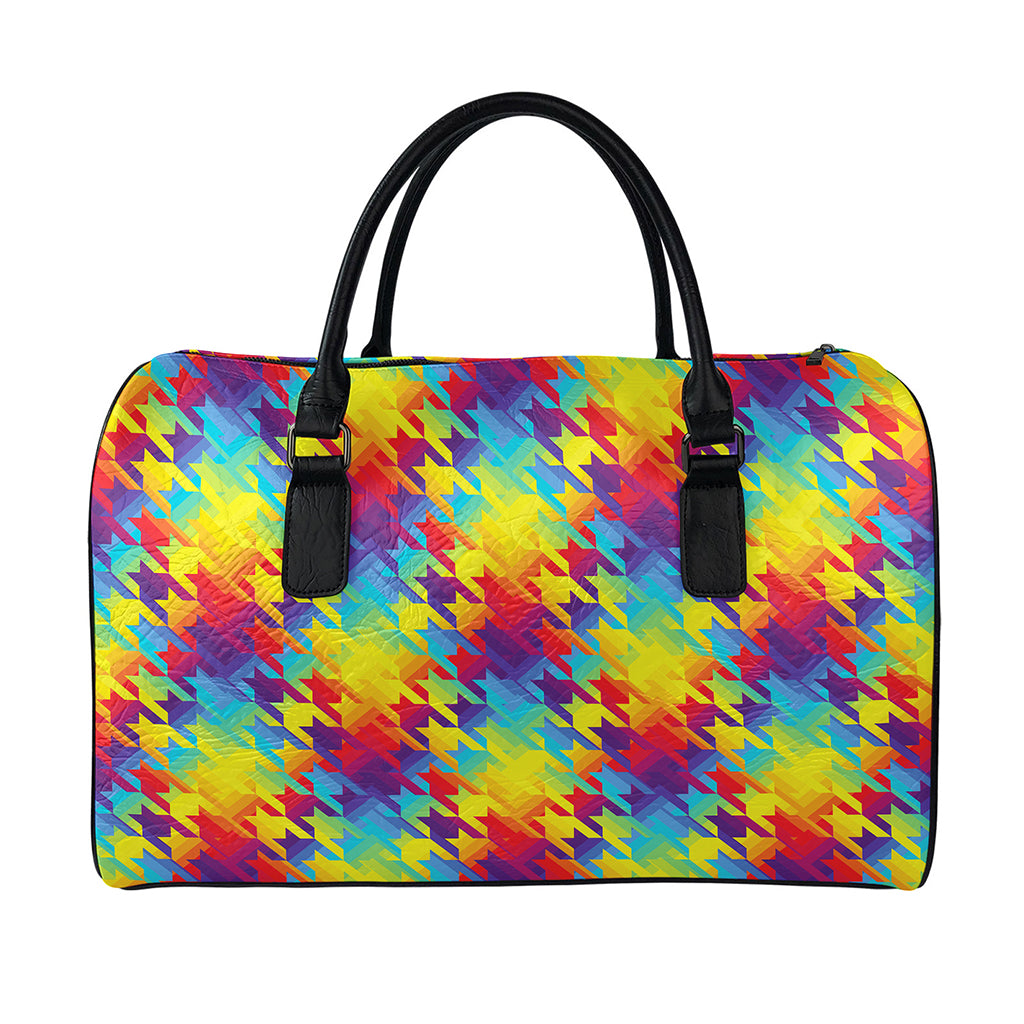 Rainbow Houndstooth Pattern Print Leather Duffle Bag