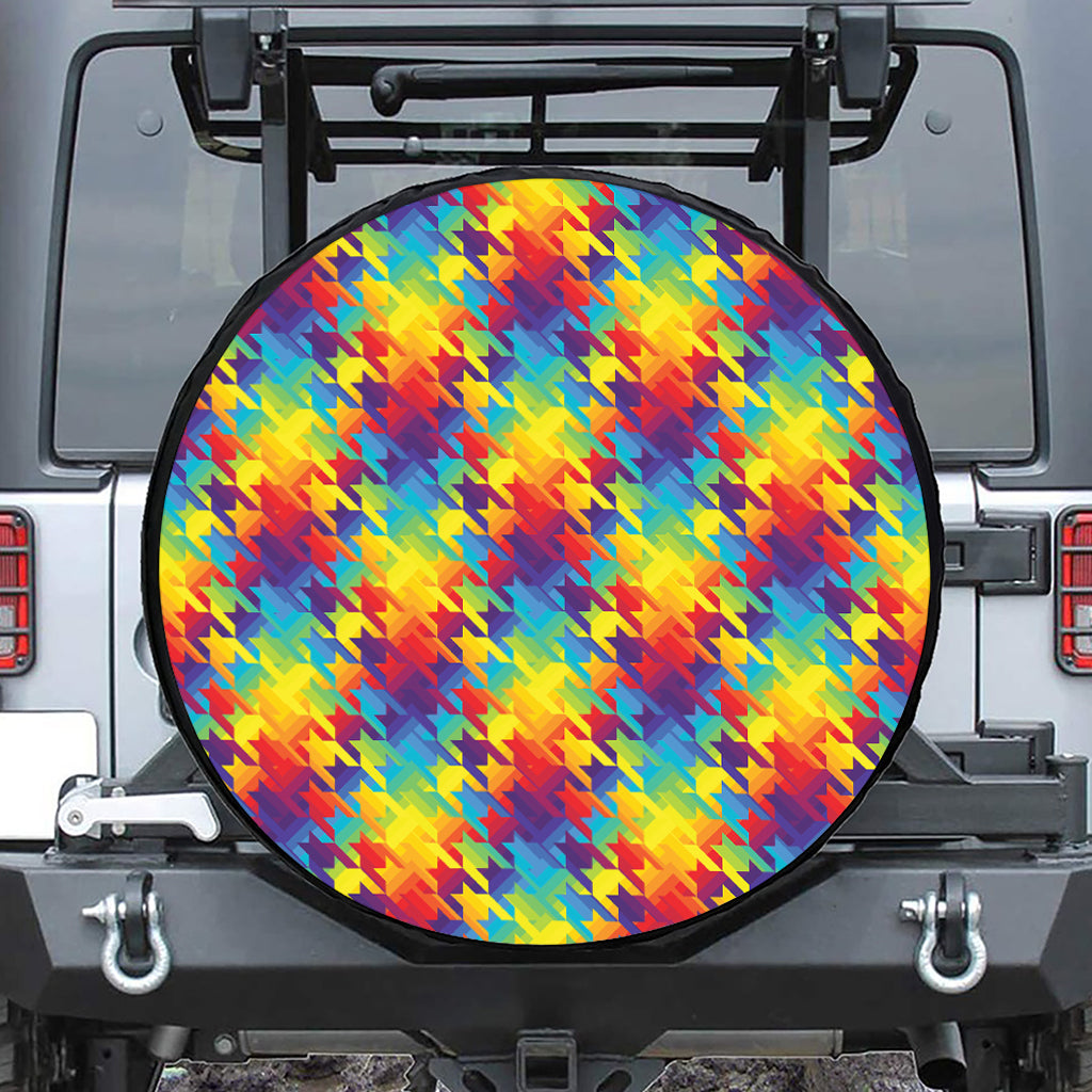 Rainbow Houndstooth Pattern Print Leather Spare Tire Cover