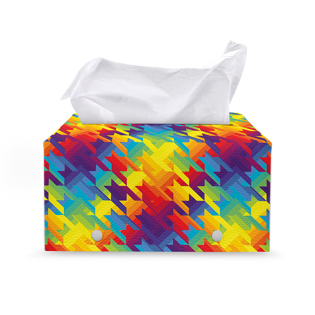Rainbow Houndstooth Pattern Print Leather Tissue Box Cover