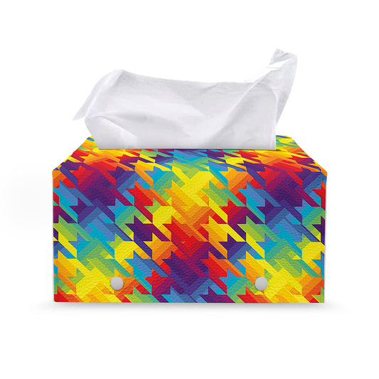 Rainbow Houndstooth Pattern Print Leather Tissue Box Cover