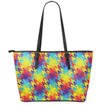 Rainbow Houndstooth Pattern Print Leather Tote Bag