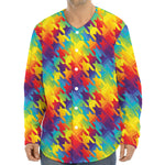 Rainbow Houndstooth Pattern Print Long Sleeve Baseball Jersey