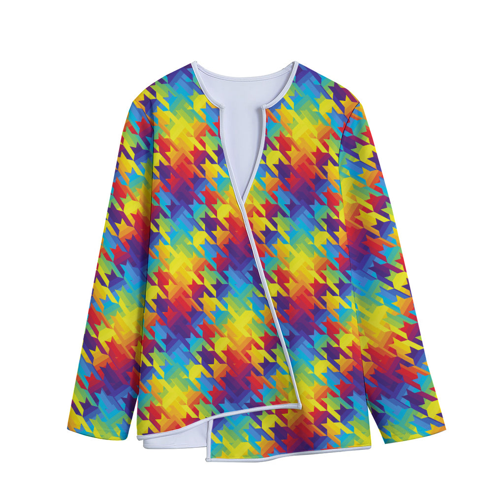 Rainbow Houndstooth Pattern Print Long Sleeve Short Coat