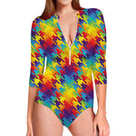 Rainbow Houndstooth Pattern Print Long Sleeve Swimsuit