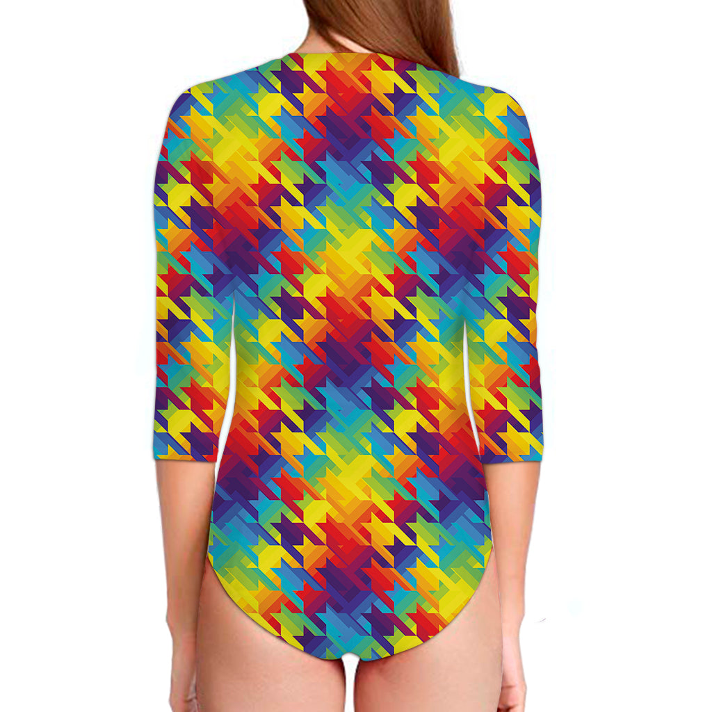 Rainbow Houndstooth Pattern Print Long Sleeve Swimsuit