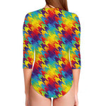 Rainbow Houndstooth Pattern Print Long Sleeve Swimsuit