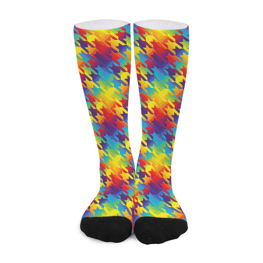 Rainbow Houndstooth Pattern Print Long Socks