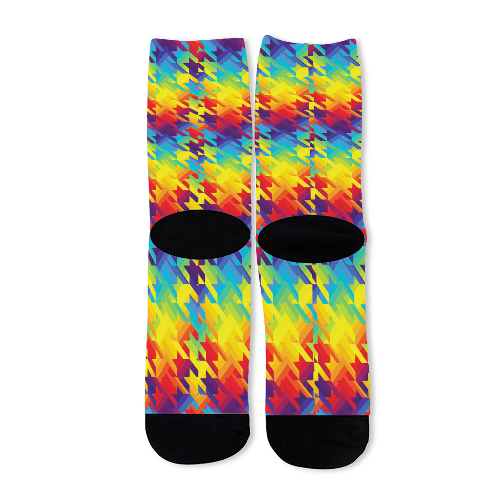 Rainbow Houndstooth Pattern Print Long Socks