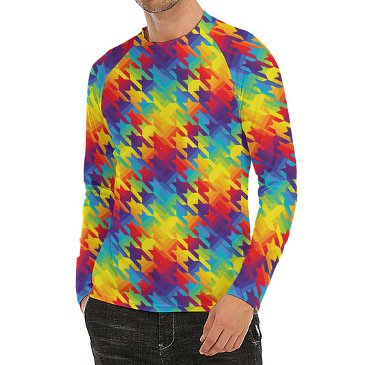 Rainbow Houndstooth Pattern Print Men's Long Sleeve Rash Guard