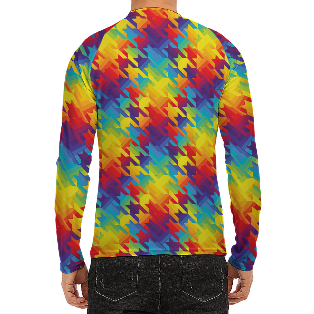 Rainbow Houndstooth Pattern Print Men's Long Sleeve Rash Guard