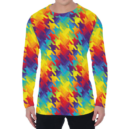 Rainbow Houndstooth Pattern Print Men's Long Sleeve T-Shirt
