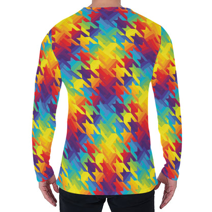 Rainbow Houndstooth Pattern Print Men's Long Sleeve T-Shirt