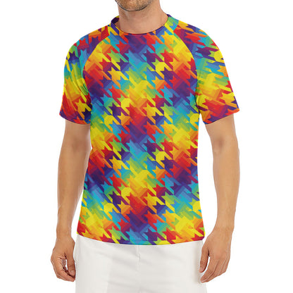 Rainbow Houndstooth Pattern Print Men's Short Sleeve Rash Guard