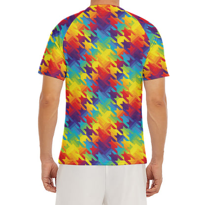 Rainbow Houndstooth Pattern Print Men's Short Sleeve Rash Guard