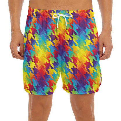 Rainbow Houndstooth Pattern Print Men's Split Running Shorts