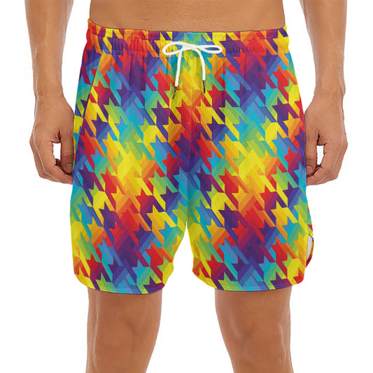 Rainbow Houndstooth Pattern Print Men's Split Running Shorts
