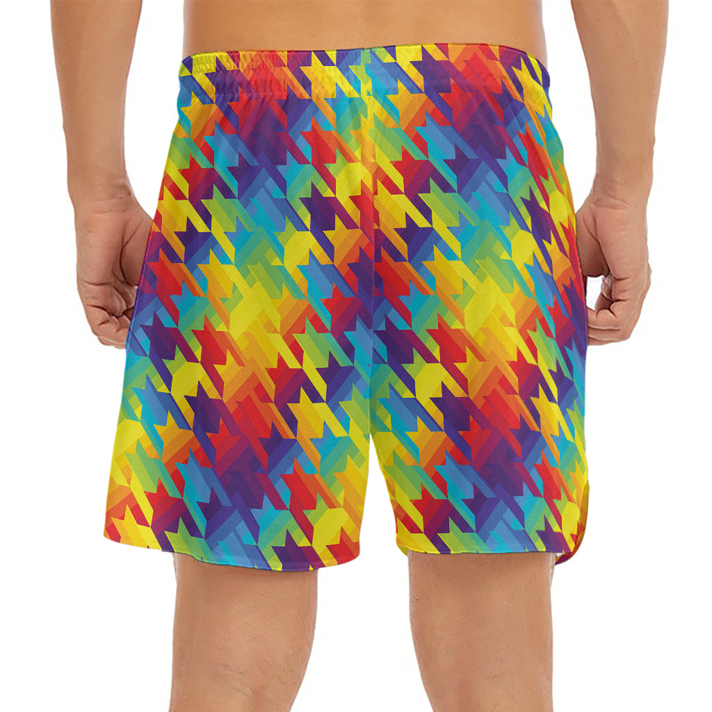 Rainbow Houndstooth Pattern Print Men's Split Running Shorts