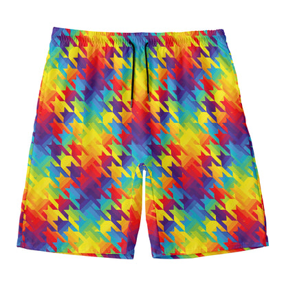 Rainbow Houndstooth Pattern Print Men's Swim Trunks